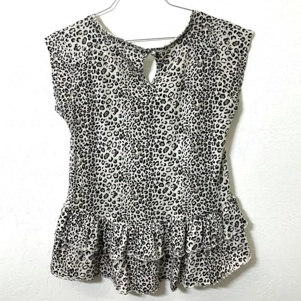 Rebecca Taylor Cheetah Leopard Print Ruffle Cotton Tee  Shirt